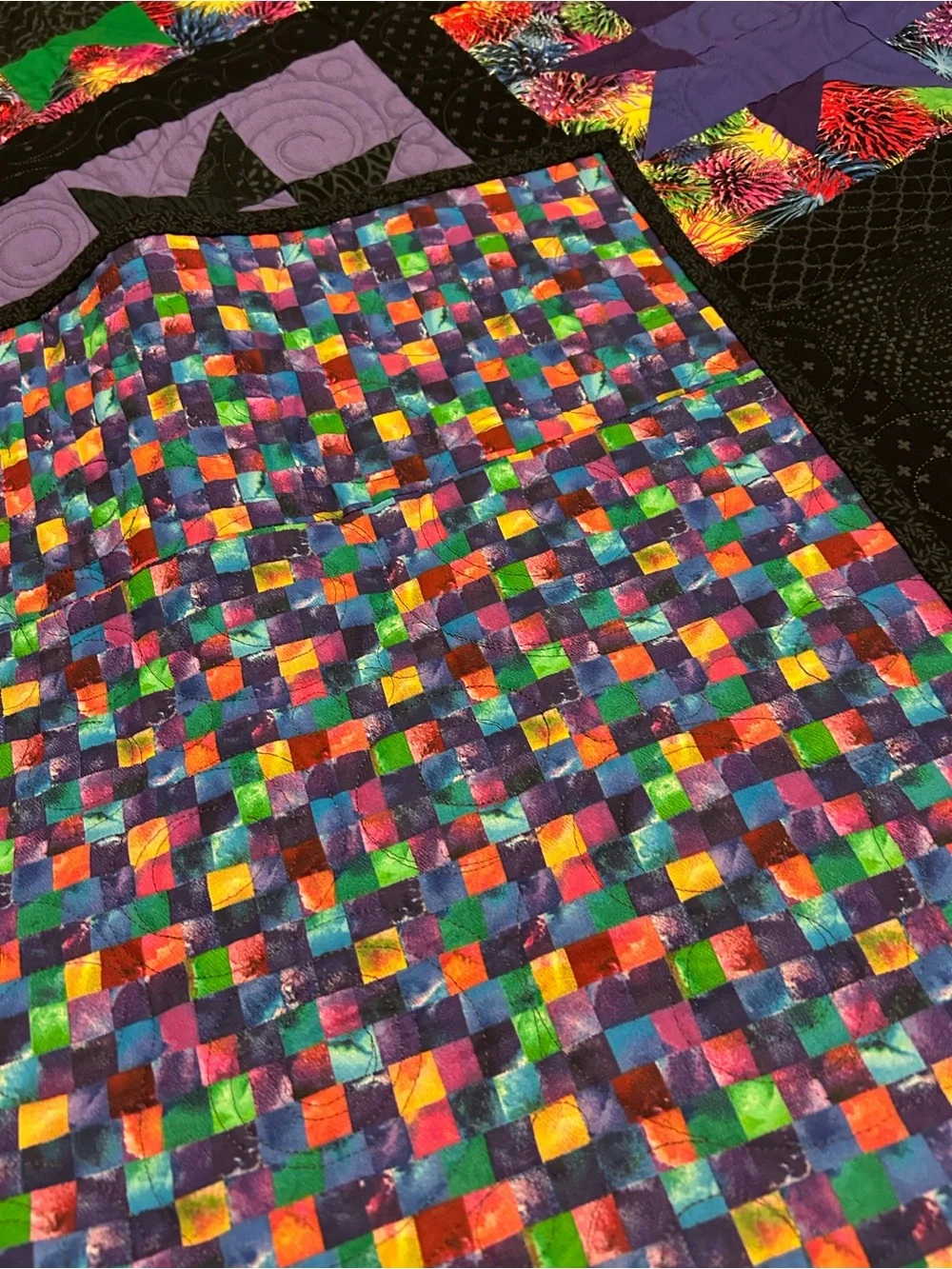 ONE OF A KIND - HANDCRAFTED Black Patchwork Star Quilt with Multicolor Accents
